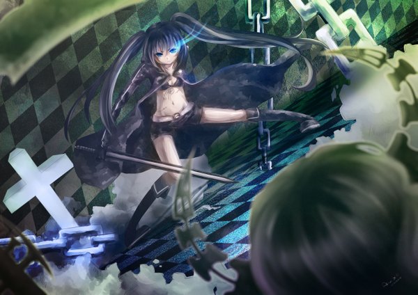 Anime picture 4961x3508 with black rock shooter black rock shooter (character) dead master akuryo.x (artist) long hair highres blue eyes twintails signed blue hair absurdres green hair open clothes couple scar checkered floor checkered checkered background girl weapon