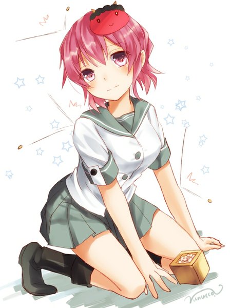 Anime picture 600x800 with kantai collection kinu light cruiser nunucco single tall image looking at viewer blush short hair white background signed looking away pink hair pink eyes kneeling mask on head girl uniform serafuku boots star (symbol)