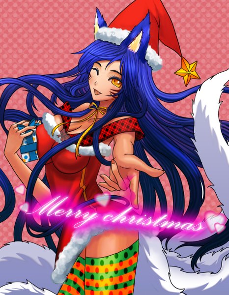 Anime picture 3859x4961 with league of legends ahri (league of legends) black fox (artist) single long hair tall image highres open mouth smile animal ears blue hair absurdres tail one eye closed wink orange eyes fur trim facial mark fox girl christmas
