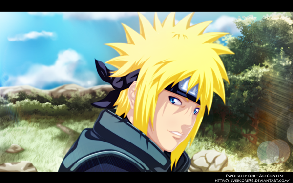 Anime picture 1280x800 with naruto studio pierrot naruto (series) namikaze minato silvercore94 single short hair blue eyes blonde hair smile wide image sky cloud (clouds) looking back sunlight coloring portrait hokage boy plant (plants)