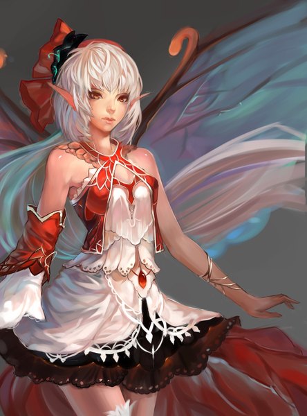 Anime picture 2598x3507 with final fantasy square enix neptune (artist) single tall image highres short hair simple background bare shoulders white hair pointy ears orange eyes insect wings butterfly wings girl dress