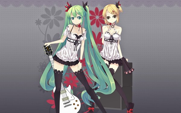 Anime picture 1680x1050 with vocaloid world is mine (vocaloid) hatsune miku kagamine rin tearfish long hair short hair blonde hair wide image twintails aqua eyes aqua hair girl thighhighs flower (flowers) black thighhighs guitar