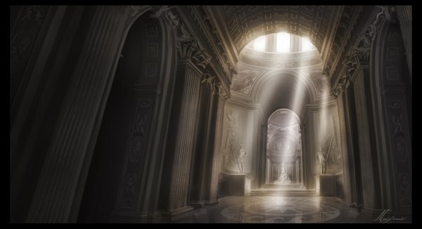 Anime picture 1838x1001 with original maximebb highres wide image sunlight no people statue arch museum