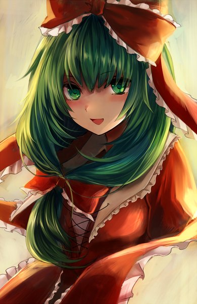 Anime picture 780x1200 with touhou kagiyama hina maho moco single long hair tall image looking at viewer blush open mouth simple background smile green eyes upper body green hair puffy sleeves girl dress bow hair bow red dress