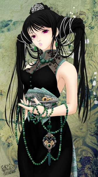 Anime picture 1600x2867 with original kanochka single long hair tall image breasts black hair standing twintails holding nail polish parted lips pink eyes lips hair bun (hair buns) sleeveless lipstick pink lipstick green background girl