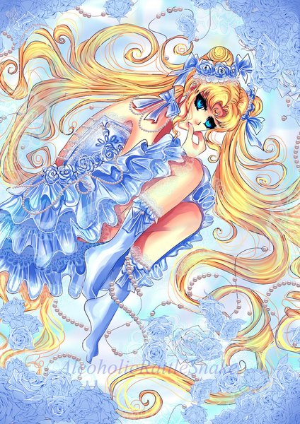 Anime picture 752x1063 with bishoujo senshi sailor moon toei animation tsukino usagi alcoholicrattlesnake single long hair tall image blue eyes blonde hair twintails lying very long hair hair bun (hair buns) sleeveless finger to mouth girl dress hair ornament flower (flowers) socks