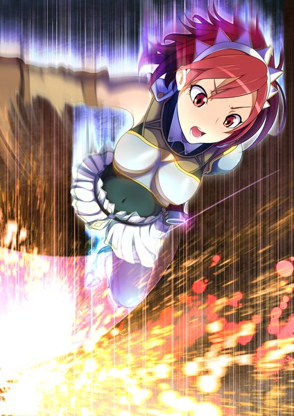 Anime picture 1060x1500 with seiken no blacksmith cecily cambell sai-caster (artist) single tall image short hair breasts open mouth red eyes red hair midriff high heels girl skirt navel weapon hairband