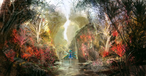 Anime picture 3200x1666 with touhou cirno lm7 (op-center) highres short hair wide image blue hair absurdres landscape nature girl wings tree (trees) forest