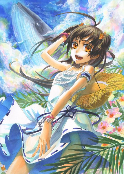 Anime picture 1475x2067 with original fuumi (radial engine) single long hair tall image looking at viewer brown hair twintails bare shoulders sky cloud (clouds) ahoge wind orange eyes girl flower (flowers) plant (plants) hat tree (trees) bracelet