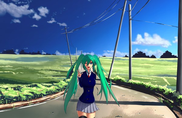 Anime picture 3482x2255 with vocaloid hatsune miku akatsuki ikki single long hair looking at viewer blush highres open mouth blue eyes twintails absurdres sky cloud (clouds) one eye closed green hair wink victory landscape girl