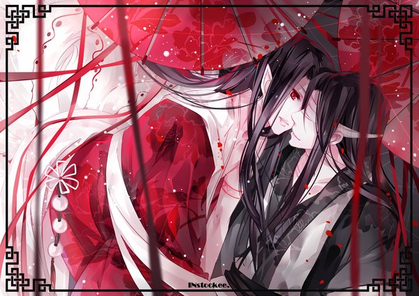 Anime picture 1500x1060 with original instockee long hair open mouth black hair red eyes signed traditional clothes pointy ears framed shounen ai almost kiss bandage over eyes boy ribbon (ribbons) umbrella bandage (bandages)