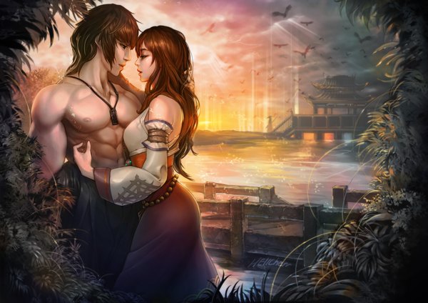 Anime picture 4169x2953 with hellcherr long hair highres short hair breasts open mouth black hair green eyes absurdres lips black eyes orange hair couple bare back muscle shirtless girl dress boy detached sleeves
