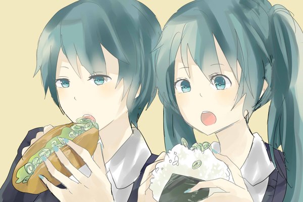 Anime picture 1500x1000 with vocaloid hatsune miku hatsune mikuo nanaponi long hair blush highres short hair open mouth twintails aqua eyes aqua hair eating girl boy food onigiri