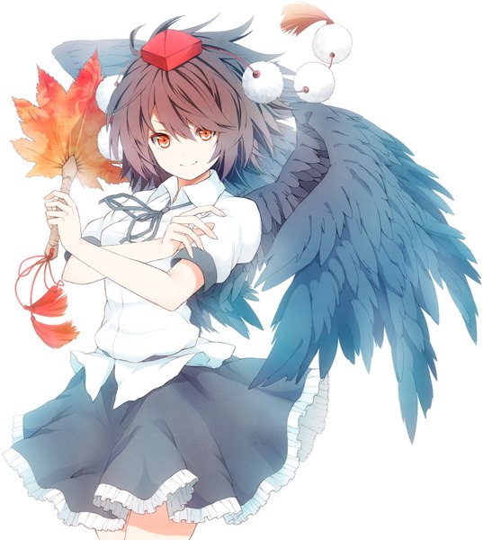 Anime picture 1700x1900 with touhou shameimaru aya mikoma sanagi single tall image simple background smile white background orange eyes black wings backlighting girl skirt ribbon (ribbons) shirt wings leaf (leaves) fan pom pom (clothes) maple leaf