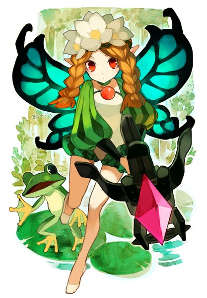 Anime picture 730x1050 with odin sphere vanillaware mercedes (odin sphere) ingway (odin sphere) cyenmi3 long hair tall image looking at viewer red eyes brown hair braid (braids) hair flower pointy ears twin braids leg lift (legs lift) fantasy insect wings butterfly wings fairy girl