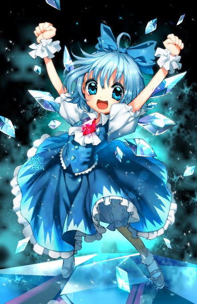 Anime picture 805x1241 with touhou cirno wadani hitonori single tall image fringe short hair open mouth blue eyes hair between eyes standing blue hair full body arms up spread arms girl bow hair bow wings crystal