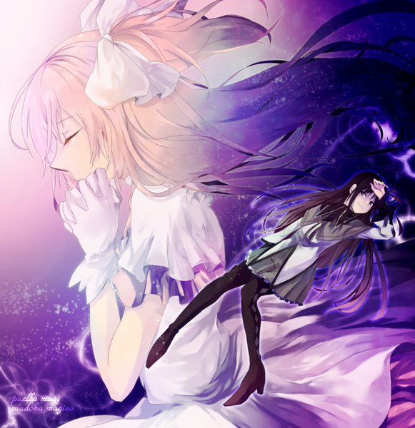 Anime picture 1743x1800 with mahou shoujo madoka magica shaft (studio) akemi homura kaname madoka goddess madoka long hair tall image highres black hair purple eyes multiple girls pink hair eyes closed profile praying girl gloves bow 2 girls hair bow