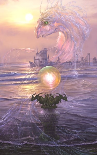 Anime picture 1215x1944 with original ucchiey tall image city magic evening sunset landscape ruins water sea dragon pillar column wave (waves)