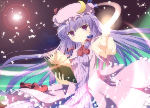 Anime picture 1200x870 with touhou patchouli knowledge francis (ohne) single long hair purple eyes purple hair magic crescent girl dress bow hair bow frills book (books) bonnet