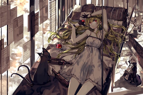 Anime picture 2250x1500 with original pixiv fantasia pixiv fantasia fallen kings armeechef saberiii long hair looking at viewer highres blonde hair multiple girls silver hair ahoge ponytail indoors lying on back side ponytail girl dress gloves