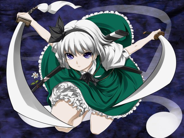 Anime picture 2000x1500 with touhou konpaku youmu myon mino106 highres short hair blue eyes white hair girl dress weapon sword