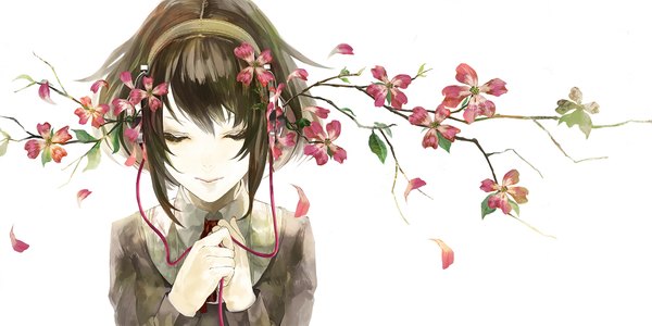 Anime picture 893x447 with original vocaloid vy1 (mizki) hakus (pixiv) single fringe short hair simple background brown hair wide image white background payot upper body eyes closed pale skin hands clasped bob cut girl dress flower (flowers)