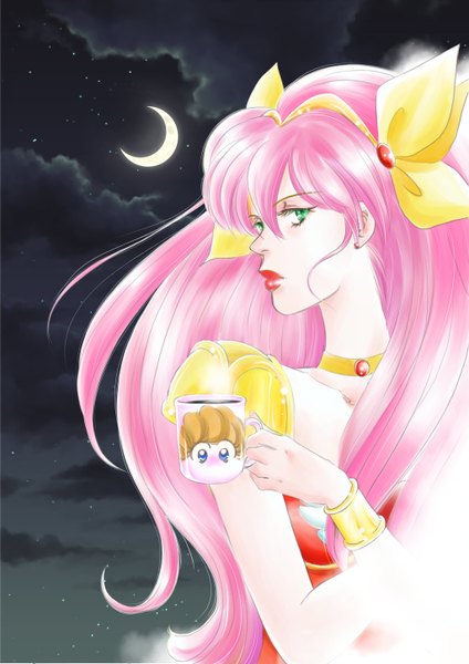 Anime picture 1024x1448 with wedding peach hanasaki momoko angel peach nao yazawa single long hair tall image fringe green eyes pink hair cloud (clouds) very long hair profile lips night night sky crescent girl hair ornament bow