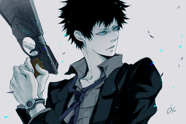 Anime picture 900x600 with psycho-pass production i.g kougami shin'ya ihciuy0211 single short hair black hair signed looking away upper body aqua eyes grey background boy weapon necktie clock wristwatch