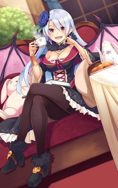 Anime picture 1138x1800 with original oyaji-sou single long hair tall image looking at viewer blush open mouth red eyes sitting silver hair hair flower pointy ears crossed legs girl dress hair ornament flower (flowers) pantyhose wings