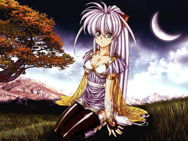 Anime picture 1600x1200 with growlanser atlus tsukaima d-ln kata urushihara satoshi single long hair looking at viewer fringe sitting green eyes signed payot sky cleavage silver hair cloud (clouds) full body inscription night shadow