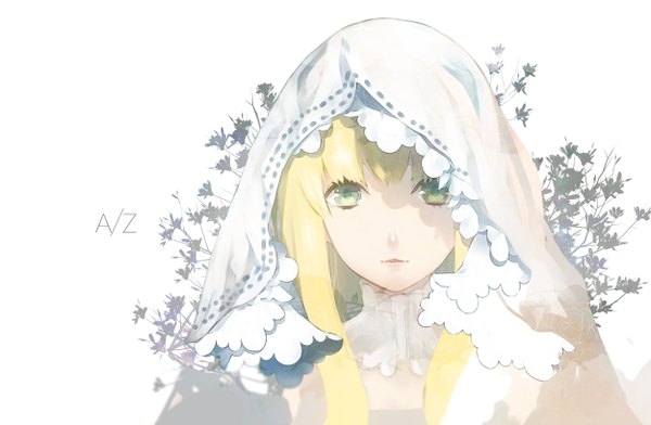 Anime picture 1250x818 with aldnoah.zero a-1 pictures asseylum vers allusia ita single long hair looking at viewer fringe blonde hair simple background white background parted lips aqua eyes lips shadow copyright name girl flower (flowers) wedding veil