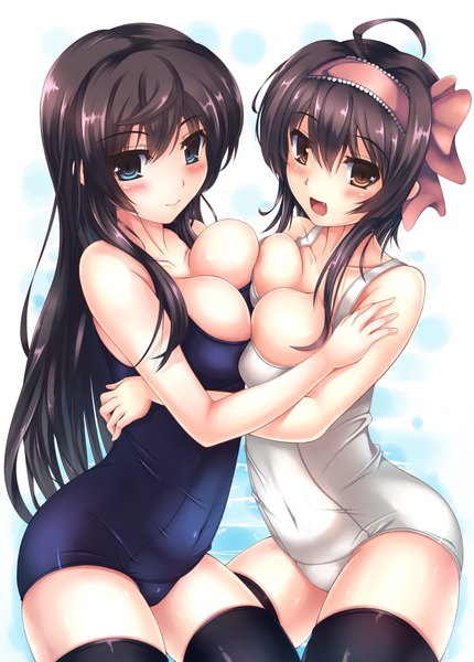 Anime picture 3032x4231 with original tenchou no matsumoto long hair tall image looking at viewer highres breasts open mouth blue eyes light erotic black hair simple background brown hair white background multiple girls brown eyes absurdres ahoge teeth fang (fangs)