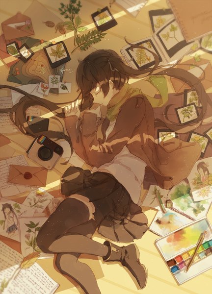 Anime picture 736x1022 with original spencer sais single long hair tall image fringe brown hair twintails bent knee (knees) lying eyes closed profile pleated skirt from above sunlight open clothes open jacket sleeping drawing girl