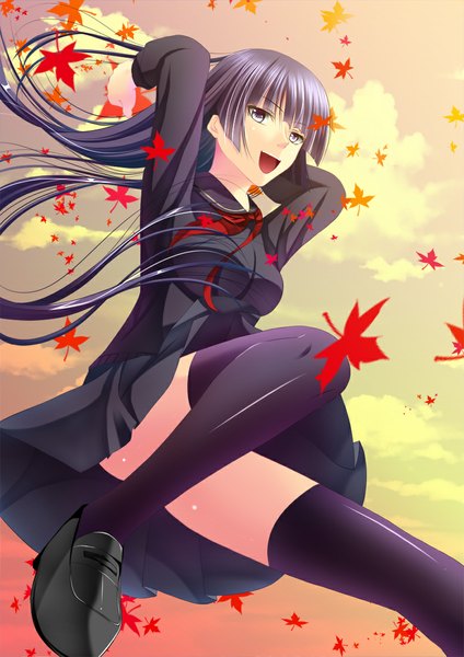 Anime picture 778x1100 with tasogare otome x amnesia silver link kanoe yuuko toshi (1-147) single long hair tall image open mouth blue eyes black hair girl thighhighs skirt black thighhighs serafuku shoes leaf (leaves)