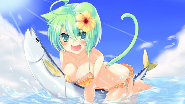 Anime picture 1920x1080 with original dodome-iro mayonnaise blush highres short hair open mouth light erotic wide image green eyes animal ears hair flower green hair cat ears cat girl cat tail girl hair ornament swimsuit bikini fish (fishes)