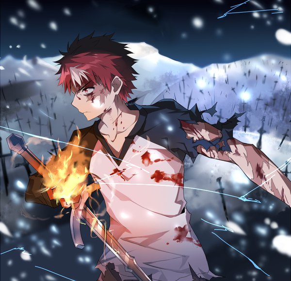 Anime picture 851x821 with fate (series) fate/kaleid liner prisma illya emiya shirou emiya shirou (alternate) tsuedzu single short hair holding looking away white hair red hair profile multicolored hair blurry two-tone hair torn clothes magic mountain serious blood on face