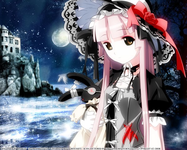 Anime picture 1280x1024 with brown eyes pink hair night loli goth-loli photo background girl hat moon toy eyepatch stuffed animal bunny