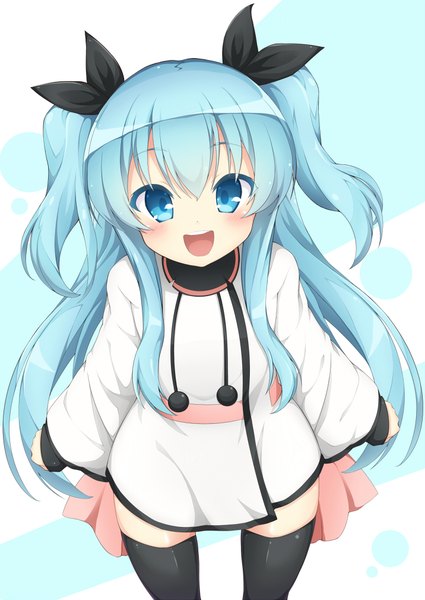 Anime picture 716x1011 with sora no method noel (sora no method) jampen single long hair tall image looking at viewer blush fringe open mouth blue eyes hair between eyes blue hair from above two side up girl thighhighs ribbon (ribbons) black thighhighs hair ribbon
