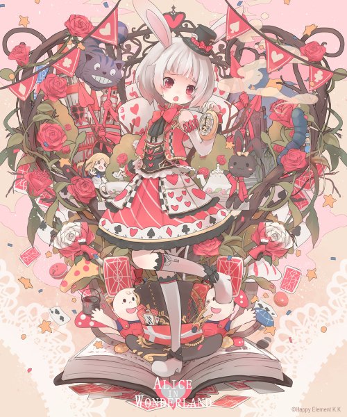 Anime picture 1000x1200 with alice in wonderland original alice (wonderland) white rabbit cheshire cat nanashina (artist) single tall image blush fringe short hair open mouth red eyes animal ears looking away silver hair inscription bunny ears girl dress