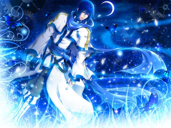 Anime picture 1500x1125 with vocaloid kaito (vocaloid) tagme (artist) single short hair blue eyes standing blue hair looking away nail polish night night sky magic blue background crescent boy plant (plants) petals belt scarf