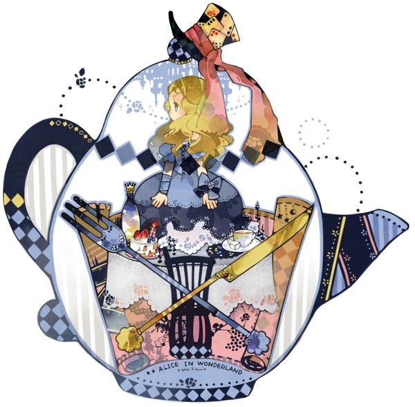 Anime picture 1736x1705 with alice in wonderland alice (wonderland) rinju umisu highres blonde hair profile girl dress hat table cup bottle knife top hat fork teapot
