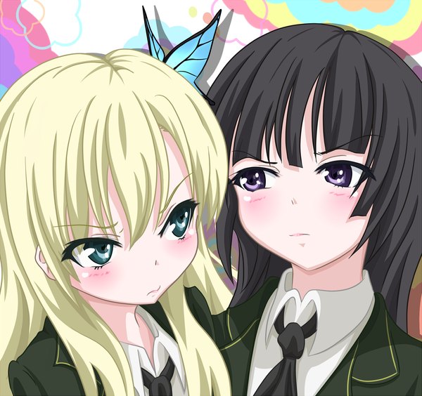 Anime picture 1600x1505 with boku wa tomodachi ga sukunai kashiwazaki sena mikazuki yozora wingheart long hair blush black hair blonde hair purple eyes multiple girls green eyes girl uniform hair ornament 2 girls school uniform butterfly hair ornament