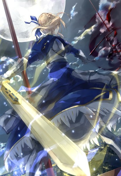 Anime picture 1024x1492 with fate (series) fate/zero studio deen artoria pendragon (all) saber berserker (fate/zero) allenkung1 tall image short hair blonde hair cloud (clouds) battle girl dress boy ribbon (ribbons) weapon hair ribbon sword armor