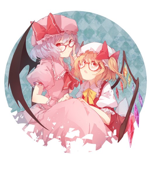 Anime picture 1450x1669 with touhou flandre scarlet remilia scarlet mikuru rumisora tall image looking at viewer short hair open mouth blonde hair smile red eyes white background multiple girls purple hair ponytail puffy sleeves side ponytail siblings sisters rhombus
