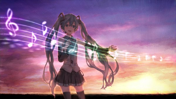 Anime picture 1280x720 with vocaloid hatsune miku ameiro (artist) single long hair wide image twintails sky singing girl thighhighs skirt detached sleeves necktie musical note