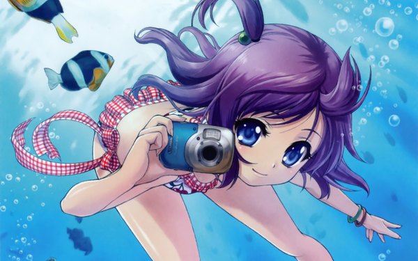 Anime picture 1280x800 with original taue shunsuke single long hair blue eyes wide image purple hair underwater girl swimsuit bikini bracelet fish (fishes) camera