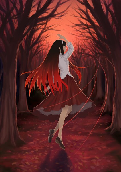 Anime picture 1272x1800 with shingetsutan tsukihime type-moon toono akiha youbou long hair tall image red eyes brown hair red hair very long hair multicolored hair bare tree autumn skirt plant (plants) tree (trees) shoes hairband