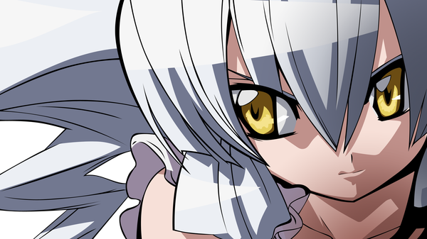 Anime picture 2560x1440 with needless madhouse disc (needless) single long hair highres wide image bare shoulders yellow eyes white hair close-up vector girl