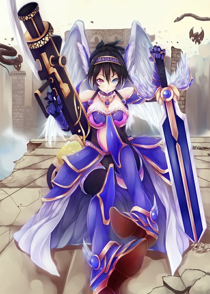 Anime picture 777x1087 with sawa nao single tall image short hair black hair legs heterochromia girl thighhighs dress weapon black thighhighs sword wings boots frills hairband gun thigh boots