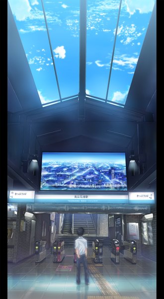 Anime picture 1299x2362 with original ryouma (galley) single tall image short hair black hair sky cloud (clouds) hieroglyph reflection cityscape boy uniform school uniform subway